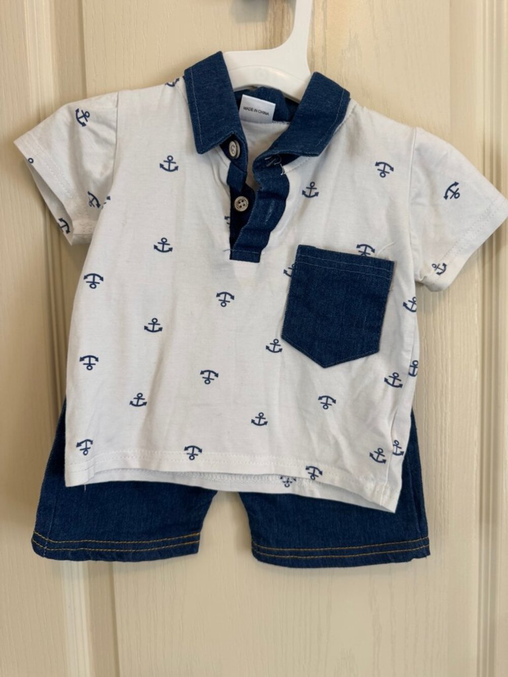 Baby Boys Nautical Anchor Polo & Denim Shorts Set 6-9M